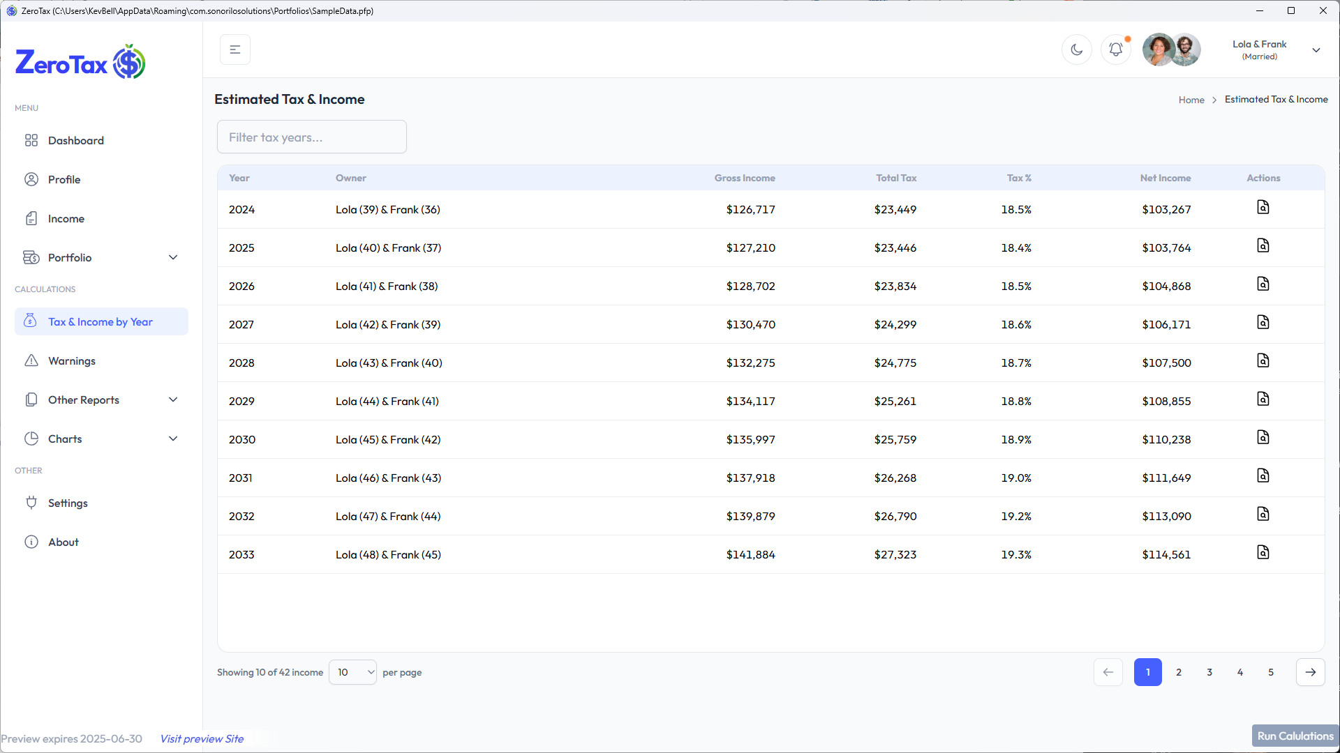Income, Tax & Savings by year